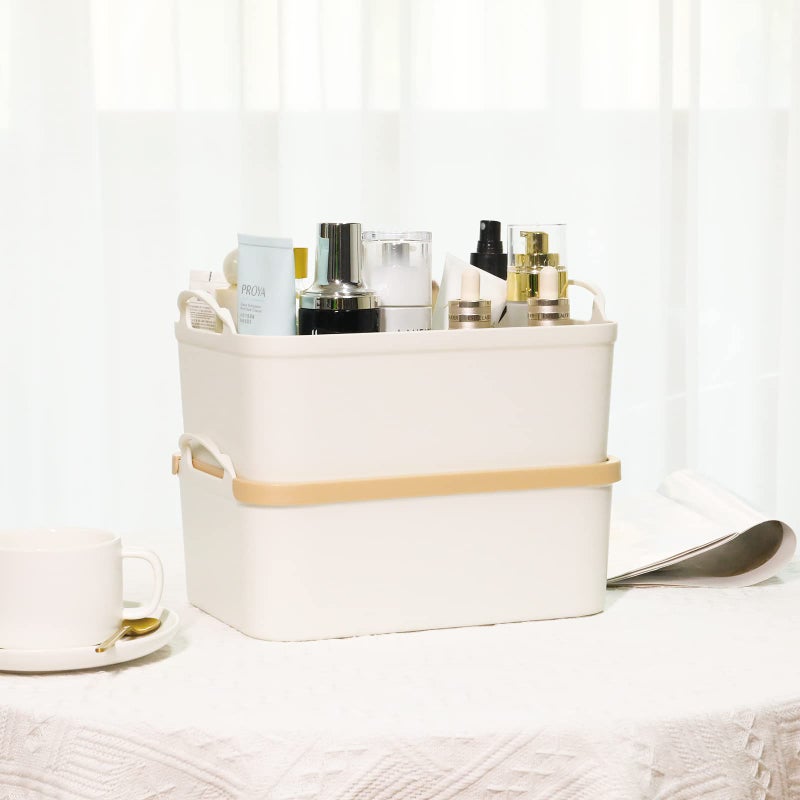 Anminy Lidded Plastic Storage Bins Set White Desk Basket Box Cube Drawer Organizer Kitchen Container With Handles Removable Lids For Closet Shelf Cosmetic Makeup Bathroom Countertop - 2 Medium 3 Small - Image 5