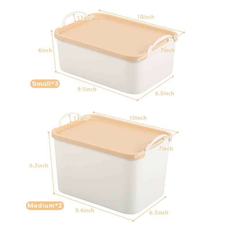 Anminy Lidded Plastic Storage Bins Set White Desk Basket Box Cube Drawer Organizer Kitchen Container With Handles Removable Lids For Closet Shelf Cosmetic Makeup Bathroom Countertop - 2 Medium 3 Small - Image 4