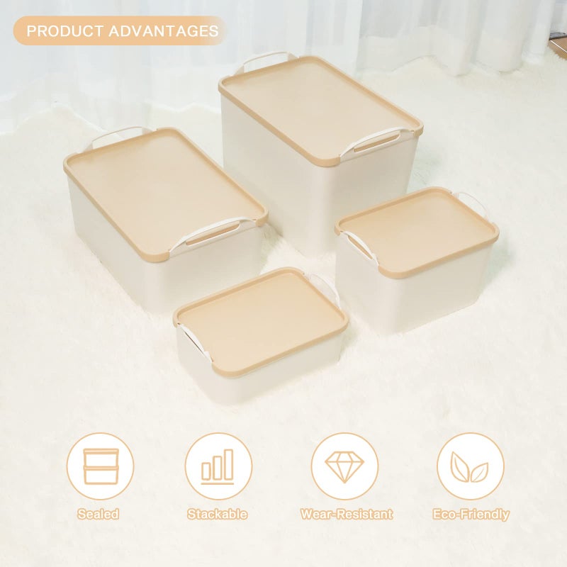 Anminy Lidded Plastic Storage Bins Set White Desk Basket Box Cube Drawer Organizer Kitchen Container With Handles Removable Lids For Closet Shelf Cosmetic Makeup Bathroom Countertop - 2 Medium 3 Small - Image 3