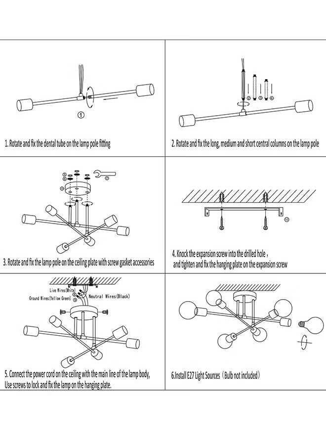 لثريا ، إضاءة السقف الحديثة ، 6 E27 تركيب صناعي قابل للتعديل ثريات للمطبخ ، غرفة المعيشة ، غرفة الطعام ، رواق غرفة النوم ، الذهب الأبيض ، بدون لمبات - Image 5