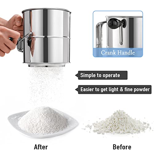 PIQUEBAR Flour Sifter - 5 Cup Fine Mesh Hand Crank Sifter Stainless Steel with Agitator Wire Loop for Baking, Powdered Sugar Duster Set - Image 3