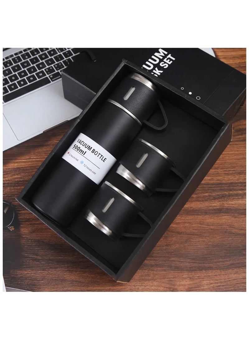Nessan Stainless Steel Gift Set Vacuum Thermal Mug Flask Bottle with 2 Extra Cup Set Leak-proof Mug Insulated Travel Business Trip Water Bottle Thermos Hot & Cold Up to 12 Hours 500ml - Black - Image 1