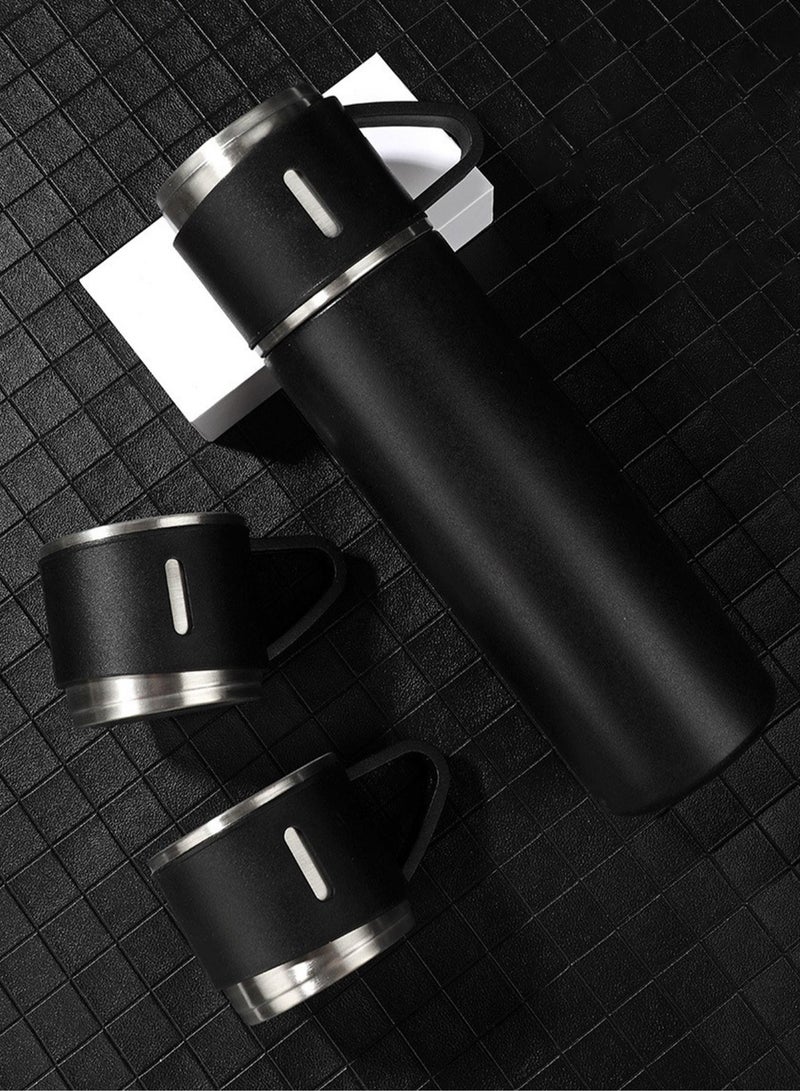 Nessan Stainless Steel Gift Set Vacuum Thermal Mug Flask Bottle with 2 Extra Cup Set Leak-proof Mug Insulated Travel Business Trip Water Bottle Thermos Hot & Cold Up to 12 Hours 500ml - Black - Image 2