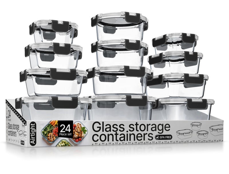 BAKKENMASTER Bakken Borosilicate Glass Food Storage Containers with Lids 24 Pieces, BPA-Free Stackable Lunch & Leftover Containers, Microwave, Freezer & Dishwasher Safe, 100% Airtight Leak-Proof, Black - Image 1