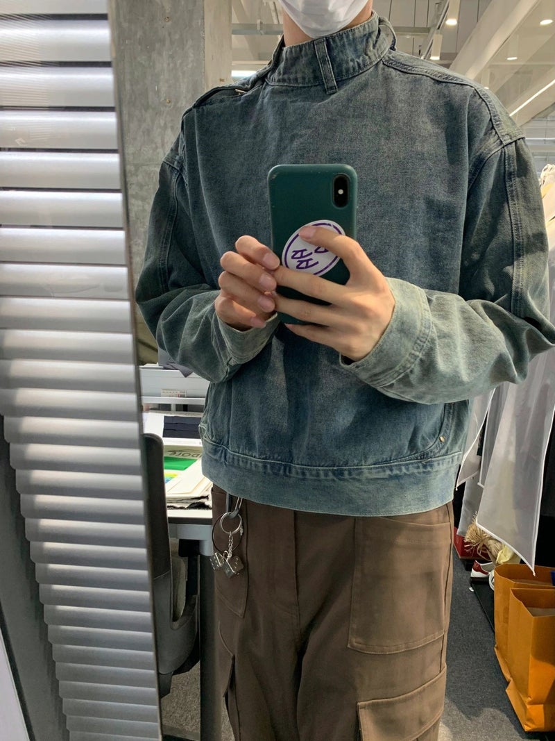 Korean Style Ouba Metal Button Deconstructed High Neck Denim Sweatshirt Mens and Womens Korean Style Casual Short Design Sense Fashionable Jacket Retro blue (high quality)