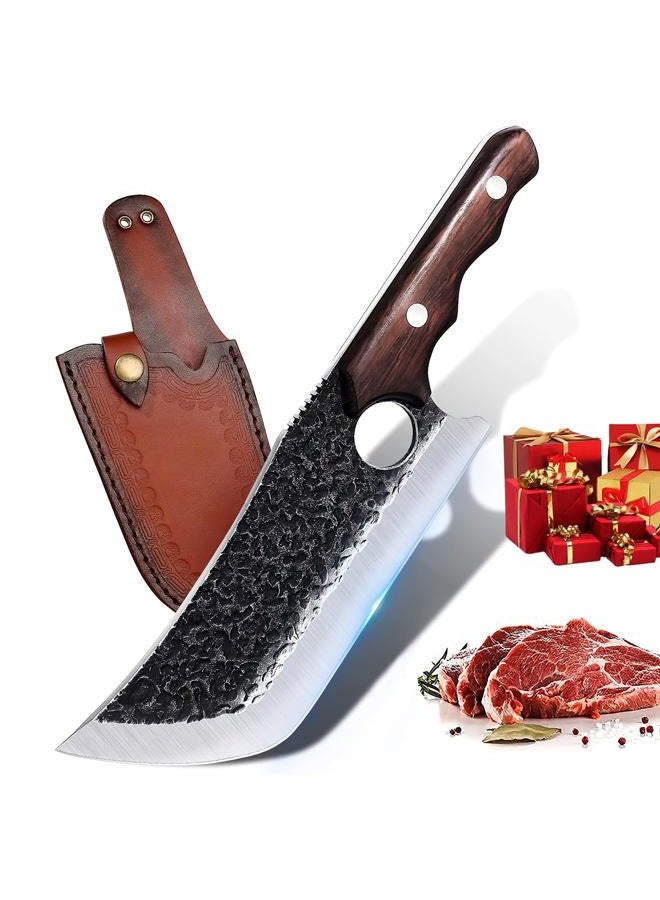 DRGSKL Hand Forged Meat Cleaver Knife Fathers Butcher Knife for Meat Cutting Full Tang Chef Knife with Belt Sheath and Gift Box High Carbon Steel Knife for Kitchen or Camping, Gift for Dad - Image 1