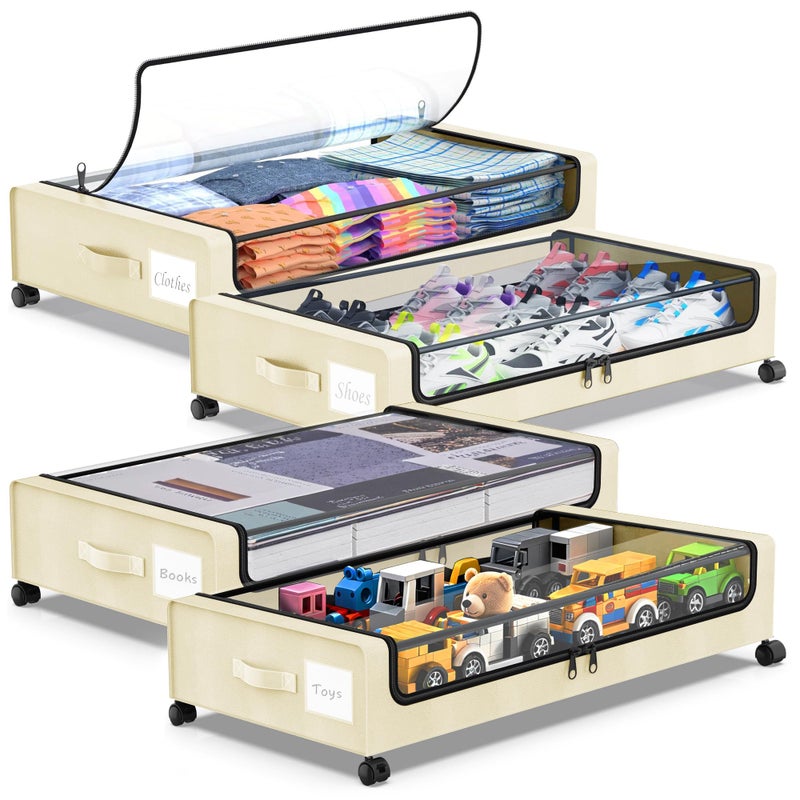 Molutsody Under Bed Storage with Wheels, 4-Pack UnderBed Storage Containers with Clear Lids, Under Bed Shoe Storage Organizer, Rolling Under Bed Storage for Clothes Shoes Blankets (Beige) - Image 1