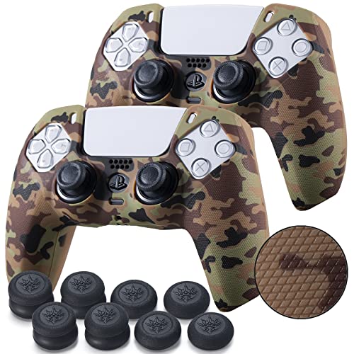 YoRHa Grip Texture Silicone Skin for PS5 Controller x 2(Brown Camouflage) with Pro Thumb Grips x 8 - Image 1