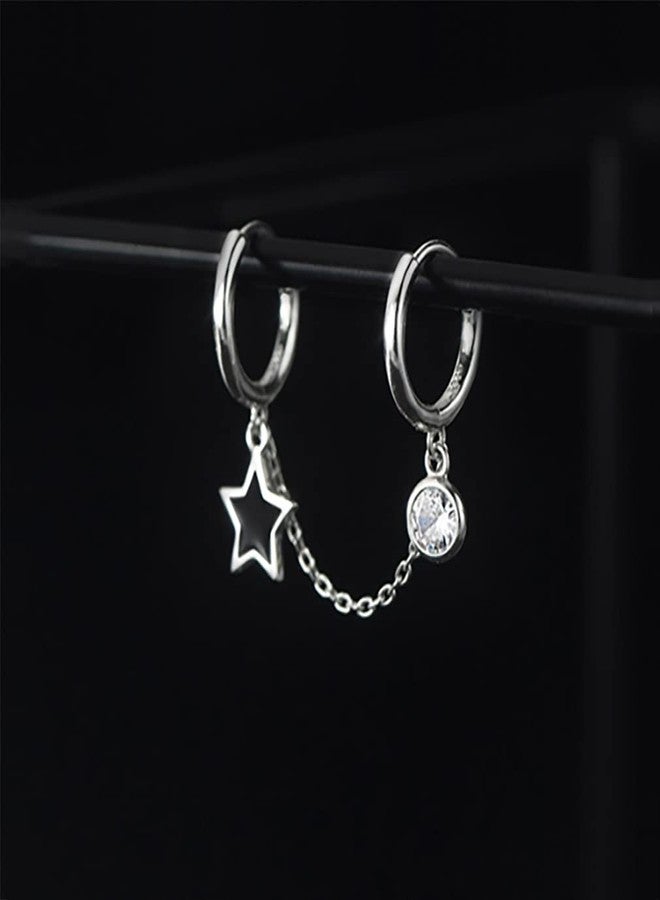 SLUYNZ 925 Sterling Silver Black Star Double Hoop Earrings Chain for Women Teen girls CZ Double Piercing Earrings Huggie Earrings, Sterling Silver, Cubic Zirconia - Image 5