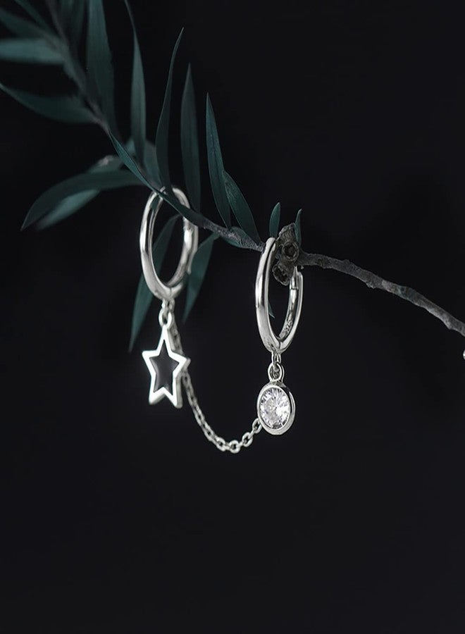 SLUYNZ 925 Sterling Silver Black Star Double Hoop Earrings Chain for Women Teen girls CZ Double Piercing Earrings Huggie Earrings, Sterling Silver, Cubic Zirconia - Image 4