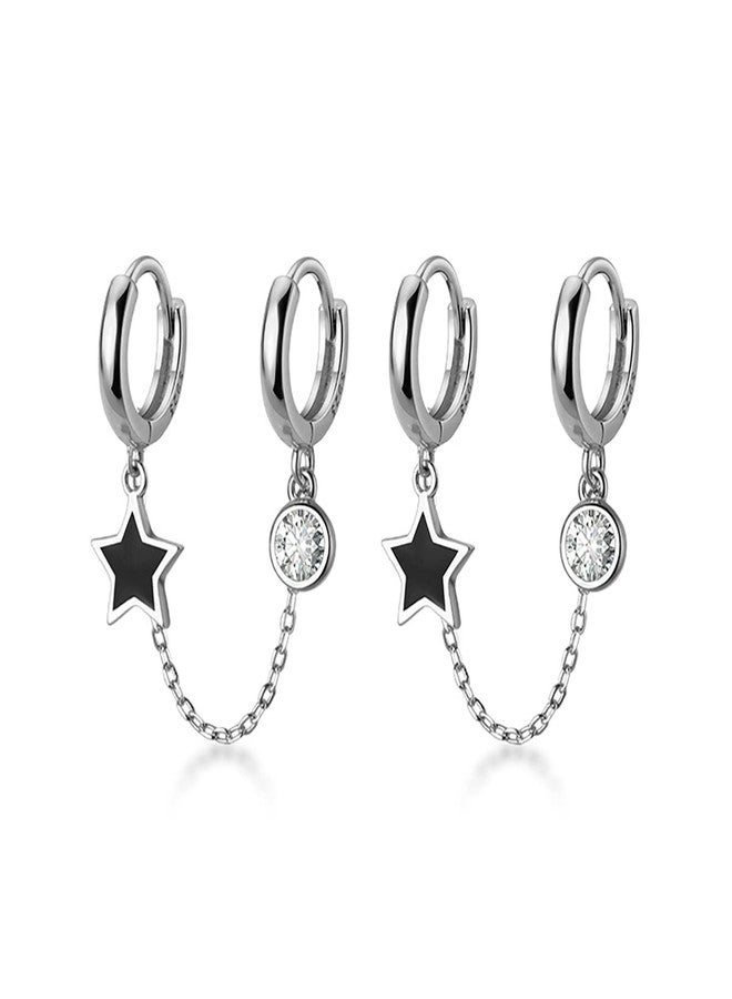 SLUYNZ 925 Sterling Silver Black Star Double Hoop Earrings Chain for Women Teen girls CZ Double Piercing Earrings Huggie Earrings, Sterling Silver, Cubic Zirconia - Image 1