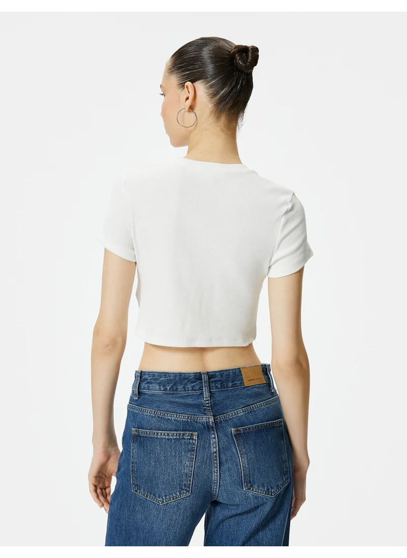 كوتون Embroidered Crop T-Shirt Short Sleeve Crew Neck