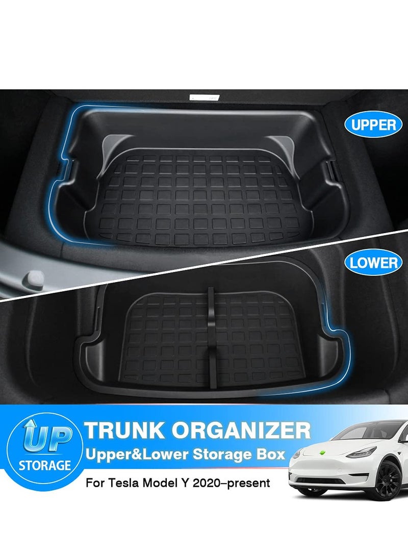 Trunk Storage Bins Rear Trunk Organizer Custom Fit for Tesla Model Y Accessories Frunk Storage Organizer Tray Upper and Lower Rear Storage Boxes Trunk Mat Dual Layer Storage Box No Abnormal Sound