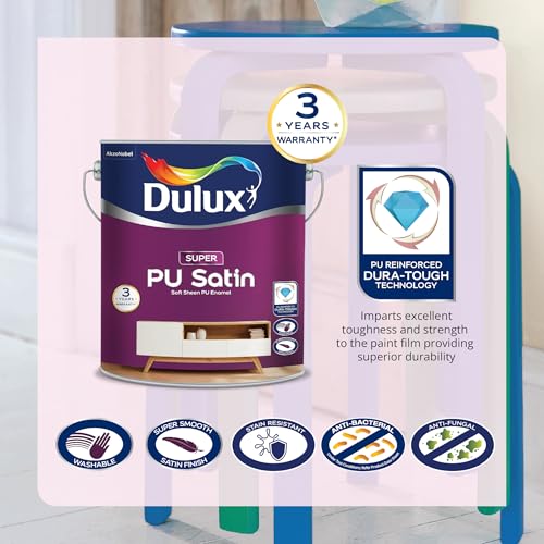 Dulux Super PU Satin White Enamel Paint Solvent Based | Premium Soft-Sheen Finish For wooden, metal, & masonry surfaces| Washable, quick drying, and stain resistance, 3 Yr. Warranty - White - 1 Ltr - Image 4
