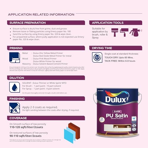 Dulux Super PU Satin White Enamel Paint Solvent Based | Premium Soft-Sheen Finish For wooden, metal, & masonry surfaces| Washable, quick drying, and stain resistance, 3 Yr. Warranty - White - 1 Ltr - Image 2