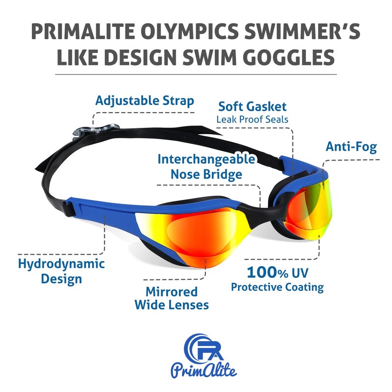 Primalite Swimming Goggles Mirrored-3 Sizes Replaceable Nose Bridge|Anti-Fog,Uv Protection For Adults Men Women-Free Nose Clip,Ear Plugs,Mesh Bag-No Leaking,Adjustable Strap,Wide View-Dark Blue - Image 3