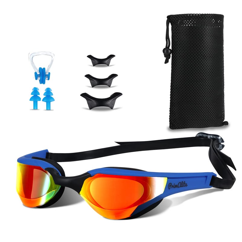 Primalite Swimming Goggles Mirrored-3 Sizes Replaceable Nose Bridge|Anti-Fog,Uv Protection For Adults Men Women-Free Nose Clip,Ear Plugs,Mesh Bag-No Leaking,Adjustable Strap,Wide View-Dark Blue - Image 1