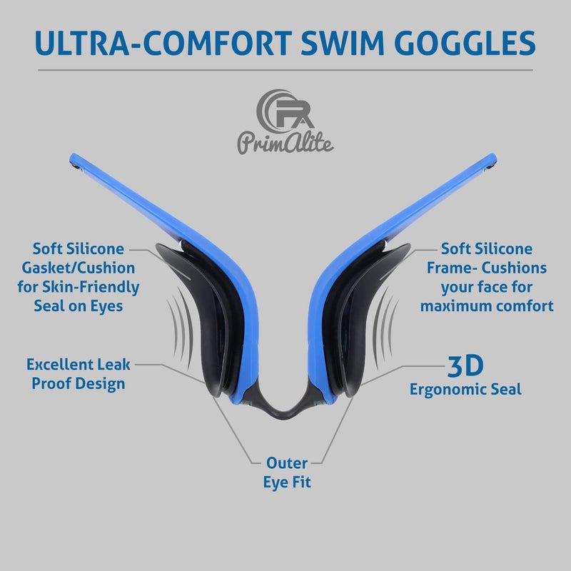 Primalite Swimming Goggles Mirrored-3 Sizes Replaceable Nose Bridge|Anti-Fog,Uv Protection For Adults Men Women-Free Nose Clip,Ear Plugs,Mesh Bag-No Leaking,Adjustable Strap,Wide View-Dark Blue - Image 5