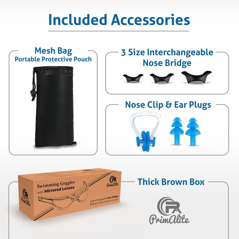 Primalite Swimming Goggles Mirrored-3 Sizes Replaceable Nose Bridge|Anti-Fog,Uv Protection For Adults Men Women-Free Nose Clip,Ear Plugs,Mesh Bag-No Leaking,Adjustable Strap,Wide View-Dark Blue - Image 4