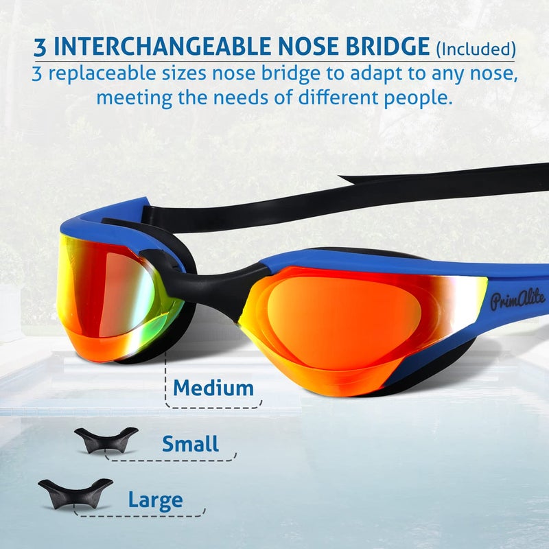 Primalite Swimming Goggles Mirrored-3 Sizes Replaceable Nose Bridge|Anti-Fog,Uv Protection For Adults Men Women-Free Nose Clip,Ear Plugs,Mesh Bag-No Leaking,Adjustable Strap,Wide View-Dark Blue - Image 2