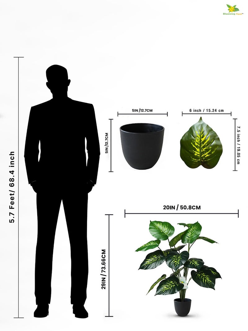 Blooming Floret Artificial Philodendron Plant with Basic Black Pot | 18 Green & Yellow Leaves | Big Ornamental Plant for Interior Decor/Home Decor/Office Decor | 63.5 cm Tall Natural Looking Plant - Image 3