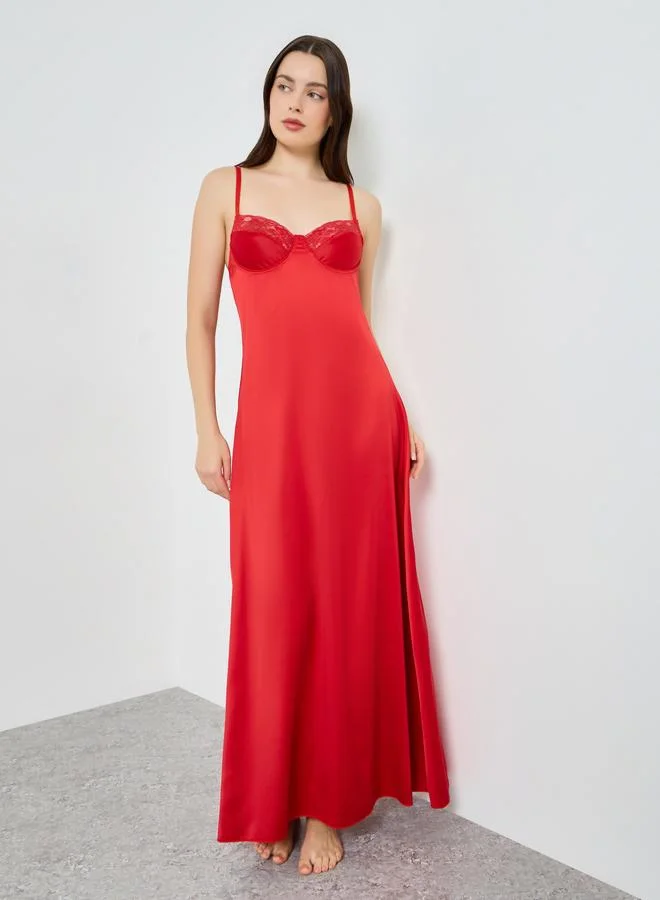 Styli Women Red Satin Slip Dress with Lace Detail