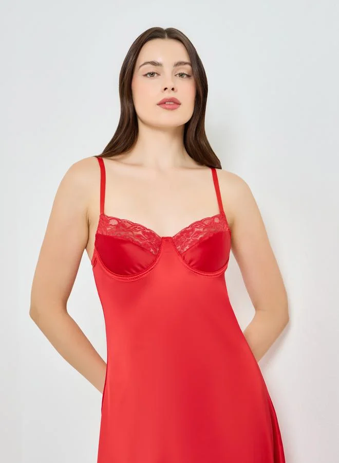 Styli  Women Red Satin Slip Dress with Lace Detail for Women | Best Price UAE