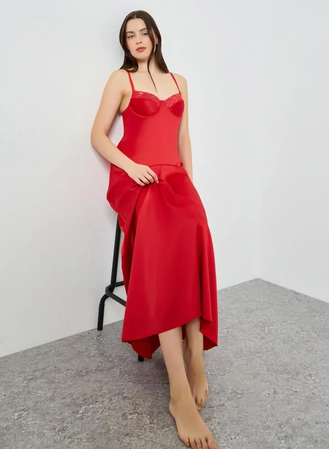 Styli Women Red Satin Slip Dress with Lace Detail