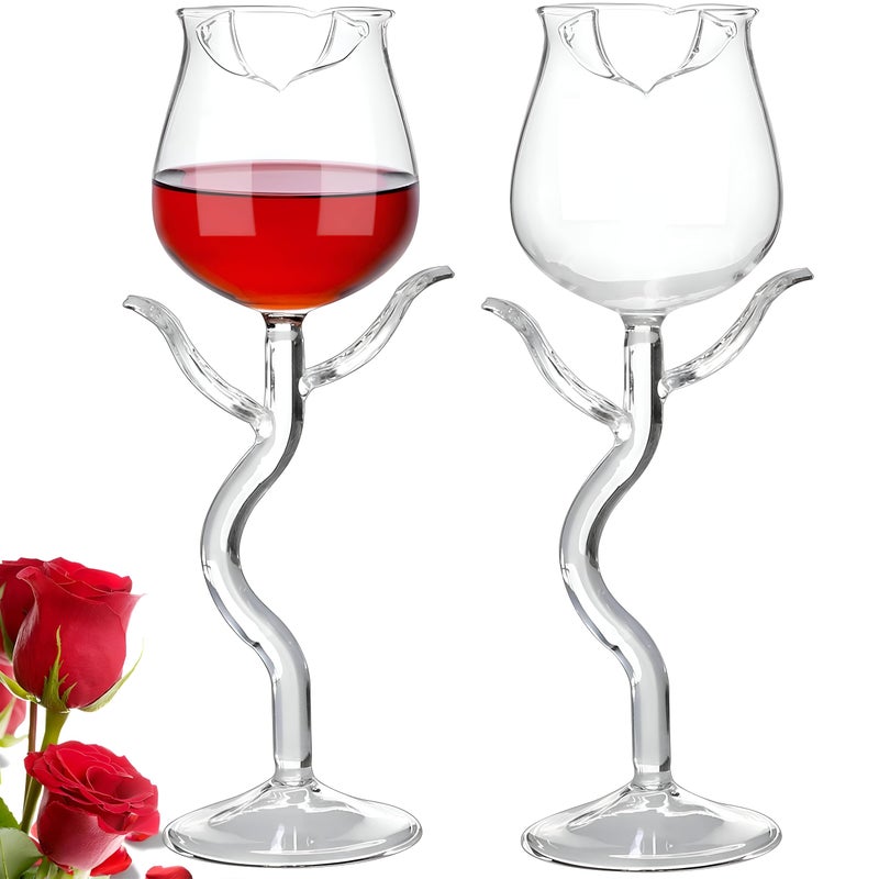 Rose Wine Glasses - Elegant 2-piece set shaped like blooming roses, 160ml transparent cups for romantic dinners, weddings, birthdays, and new home celebrations filled with timeless charm