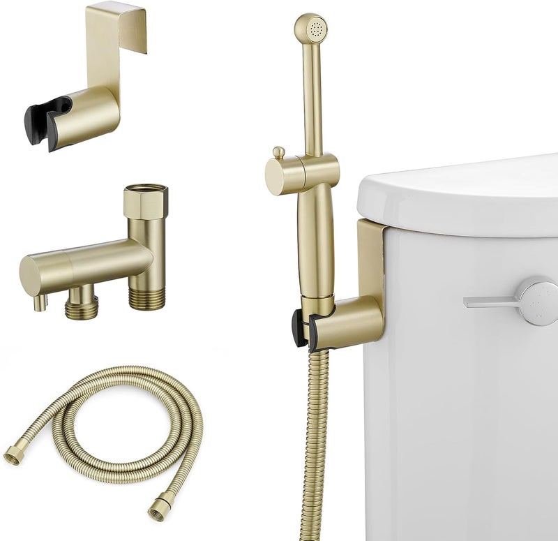 BWE Handheld Bidet Sprayer for Toilet,Adjustable Water Pressure Bidet Toilet Attachment,All Brass Cloth Diaper Toilet Bidet Jet Sprayer,with Bidet Hose for Feminine Wash or Baby Wash,Brushed Gold - Image 1