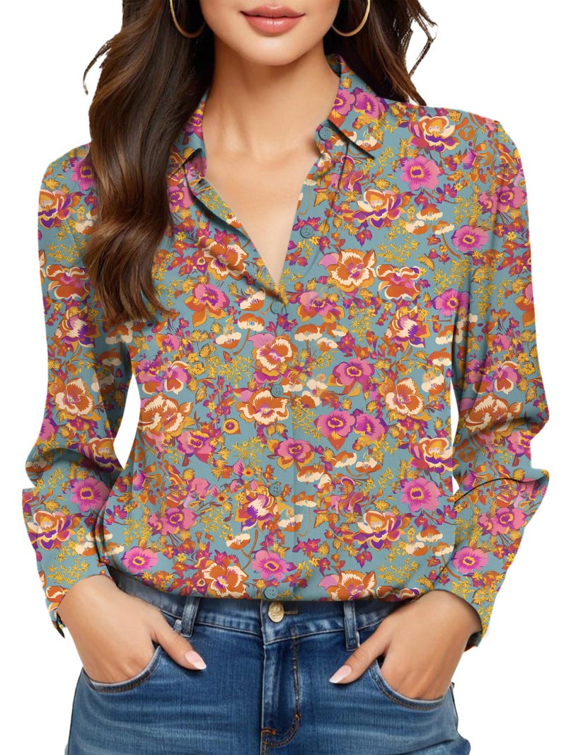 COUXILY Womens Button Down Blouse Long Sleeve Silk Shirts for Women Tops Fall Business Casual Shirt Work Dressy Fashion Blouses Formal Trending Print Office Paisley Bohemian Colorful Floral 02 S - Image 1