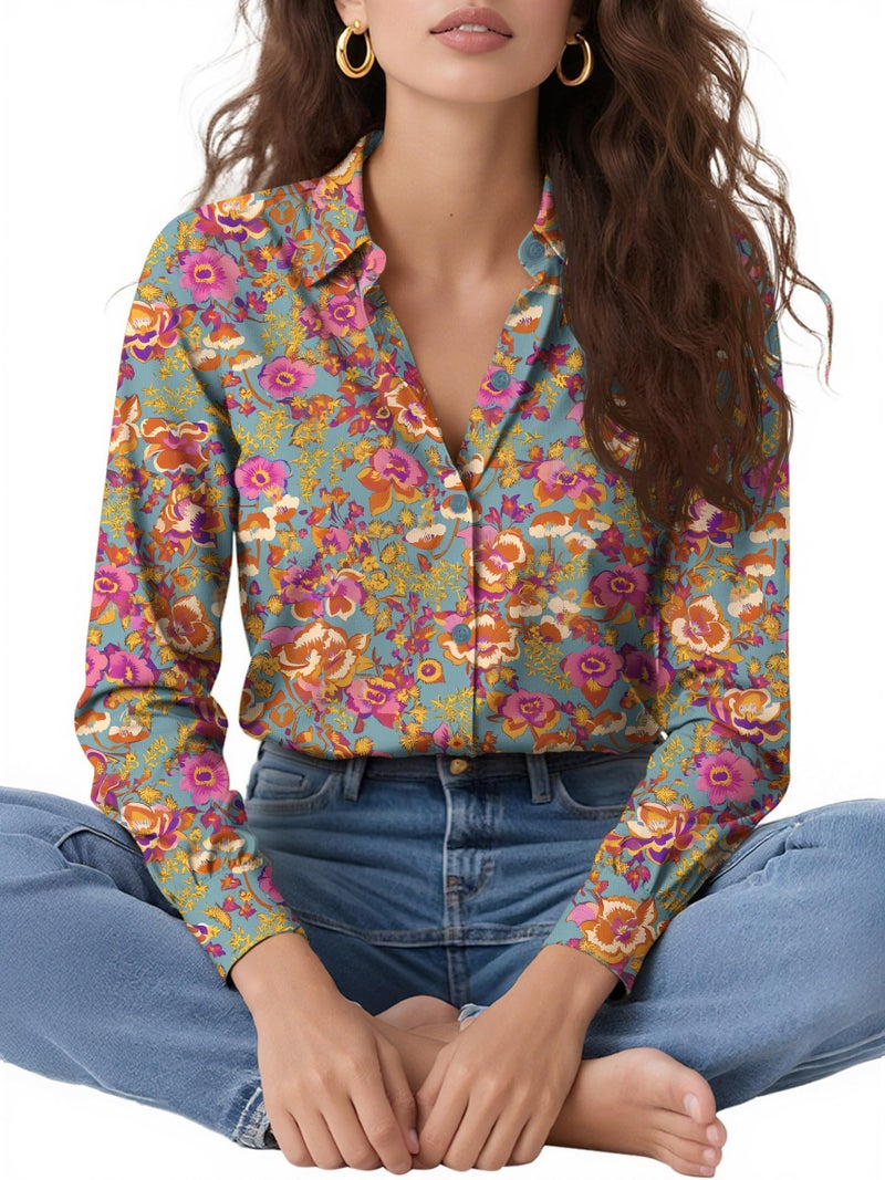 COUXILY Womens Button Down Blouse Long Sleeve Silk Shirts for Women Tops Fall Business Casual Shirt Work Dressy Fashion Blouses Formal Trending Print Office Paisley Bohemian Colorful Floral 02 S - Image 5