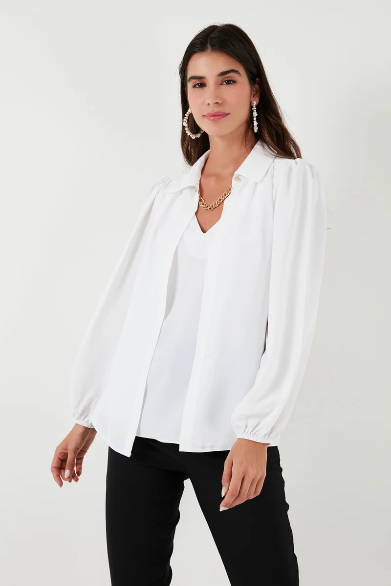 Lela Regular Fit V-Neck Balloon Sleeve Blouse Women's Blouse 611BZ0353