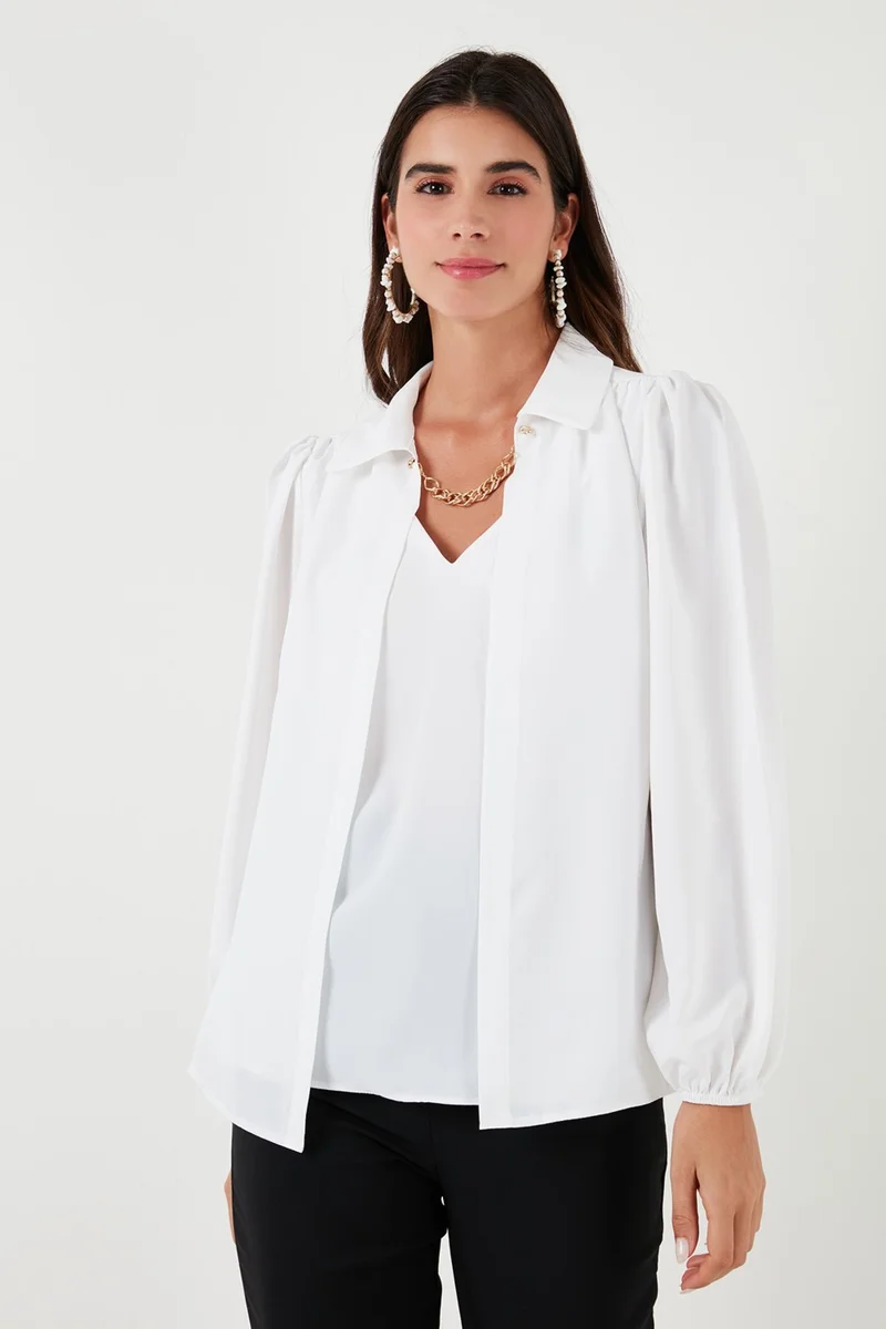 Lela Regular Fit V-Neck Balloon Sleeve Blouse Women's Blouse 611BZ0353