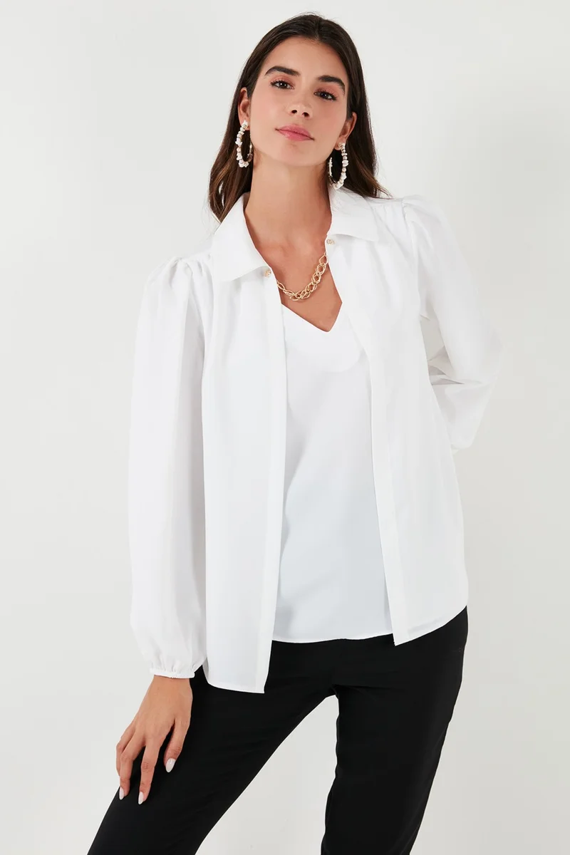 Lela Regular Fit V-Neck Balloon Sleeve Blouse Women's Blouse 611BZ0353