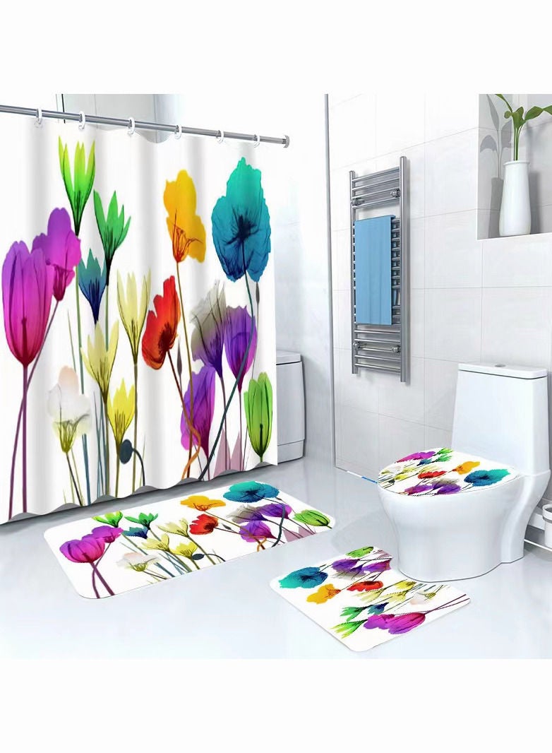4-Pieces/Set Bathroom Household Supplies,Big Flowers Pattern Bathroom Suit,Shower Curtain/Pedestal Rug/Toilet Lid Cover/Bath Mat Decor Set - Image 1