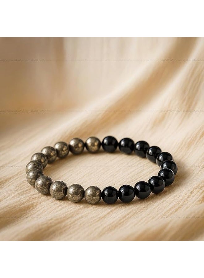 Studd Muffyn | Richie Rich Half N Half Bracelet | Black Obsidian + Pyrite beads | Shields against Nazar | Attracts wealth, stability & prosperity | Original Certificate - Image 2