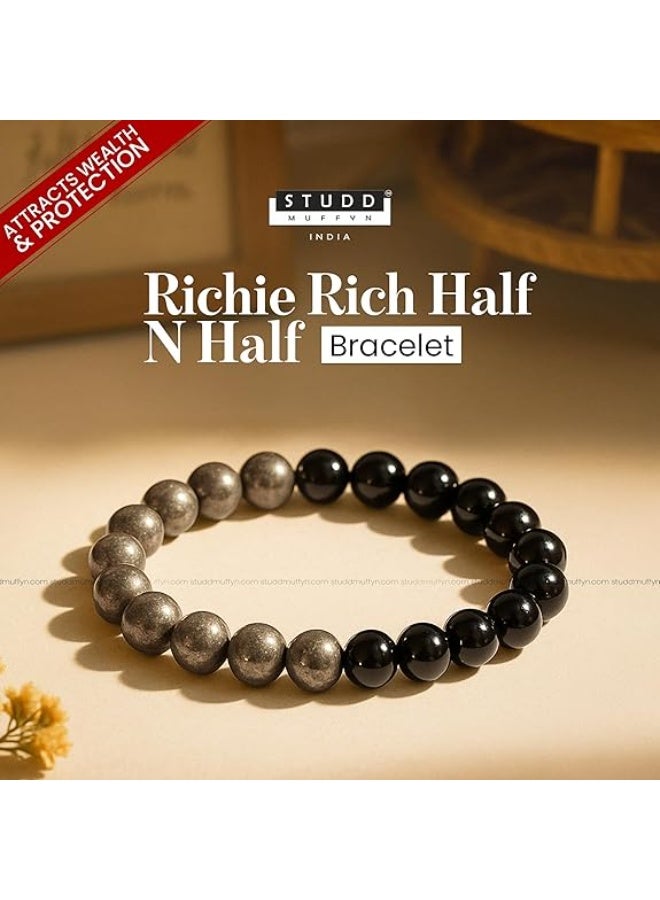 Studd Muffyn | Richie Rich Half N Half Bracelet | Black Obsidian + Pyrite beads | Shields against Nazar | Attracts wealth, stability & prosperity | Original Certificate - Image 3