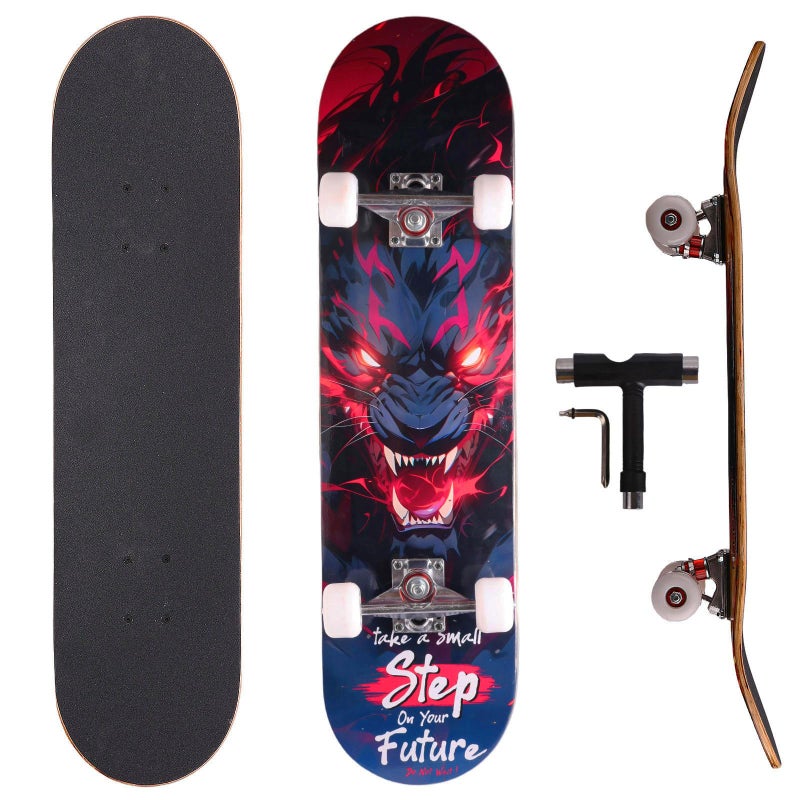 vigvitspo Professional Double Kick Skateboard, 31 inch Maple Deck, ABEC-9 Bearings, 95A PU Wheels, Custom Graphic Design (Dark Lion, 31in) - Image 1