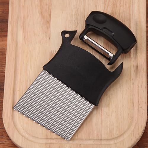 TOMATUS 2-in-1 Crinkle Cutter Knife - Stainless Steel Wavy Blade Vegetable & Fruit Slicer for Potatoes, Chips & Salads (Black) - Image 1