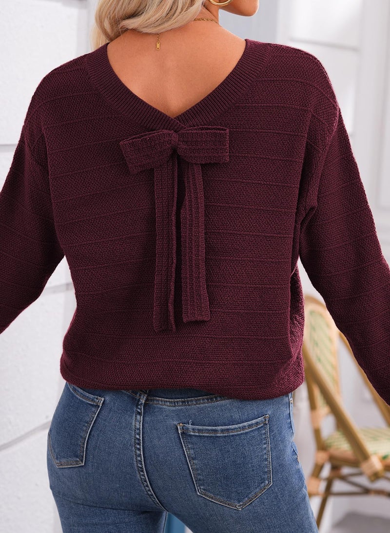 EVALESS Sweaters for Women Long Sleeve Fall Outfits 2025 Trendy Back Bow Knot Sweaters Round Neck Solid Fashion Clothes Knit Pullover Sweater Tops Burgundy Medium - Image 4
