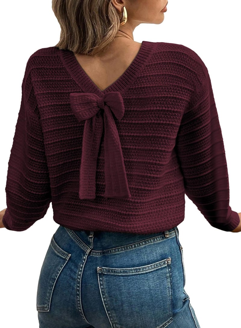 EVALESS Sweaters for Women Long Sleeve Fall Outfits 2025 Trendy Back Bow Knot Sweaters Round Neck Solid Fashion Clothes Knit Pullover Sweater Tops Burgundy Medium - Image 1
