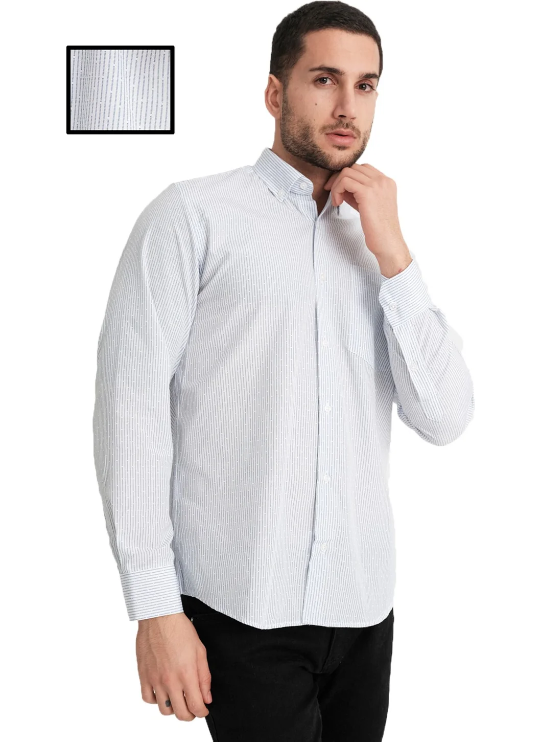 فاريتا Men's White Striped Long Sleeve Cotton Shirt Classic Cut with Pockets