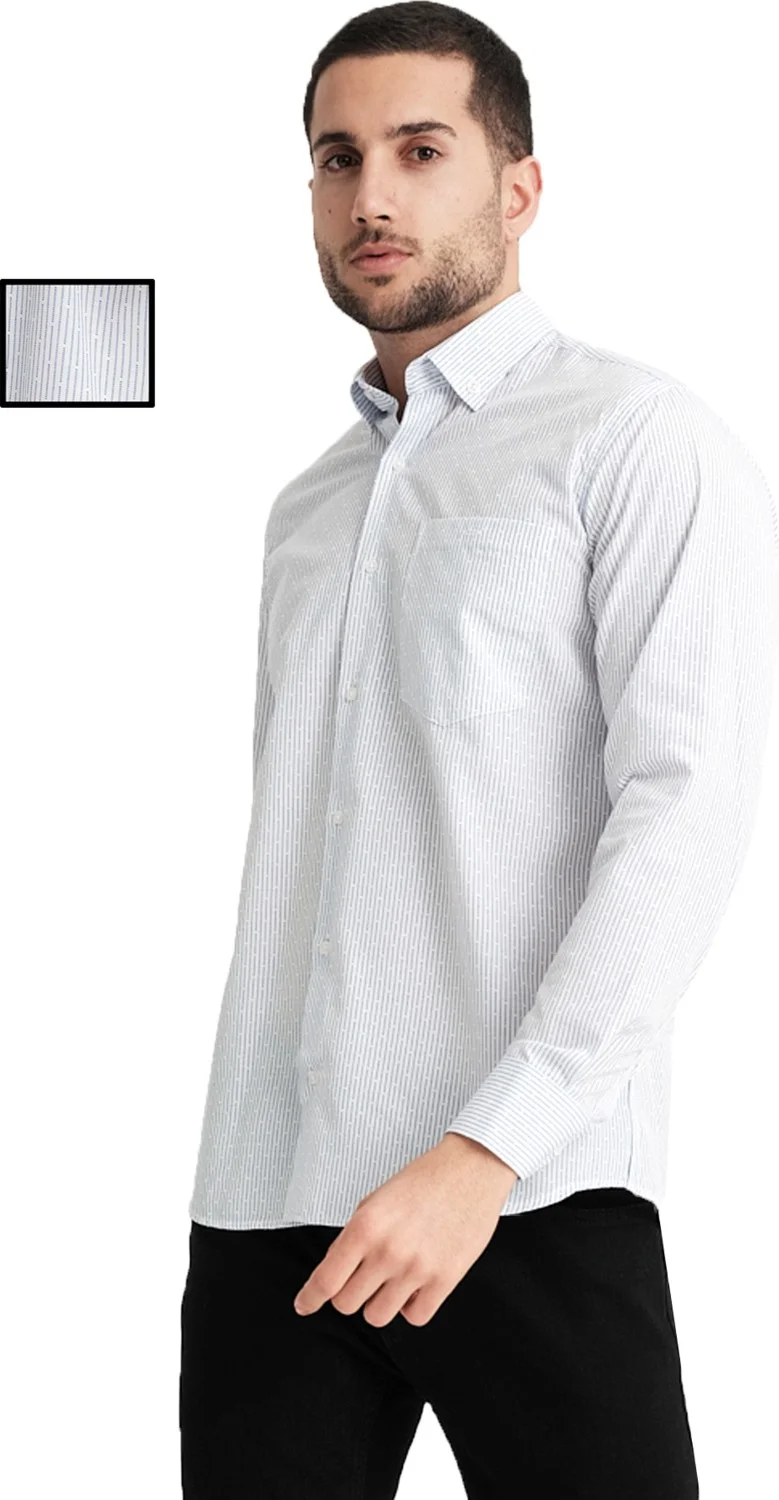 فاريتا Men's White Striped Long Sleeve Cotton Shirt Classic Cut with Pockets