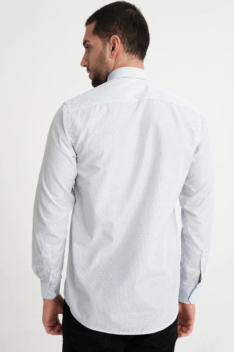 فاريتا Men's White Striped Long Sleeve Cotton Shirt Classic Cut with Pockets