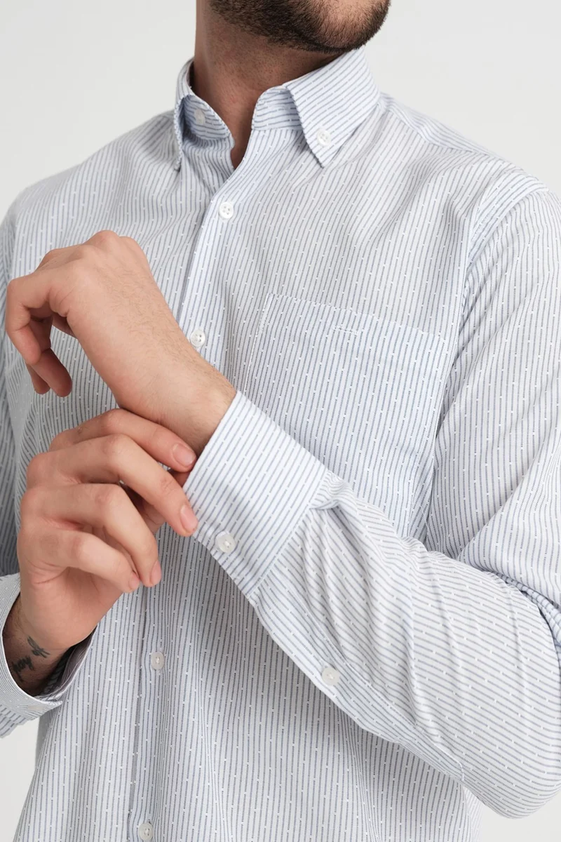 فاريتا Men's White Striped Long Sleeve Cotton Shirt Classic Cut with Pockets