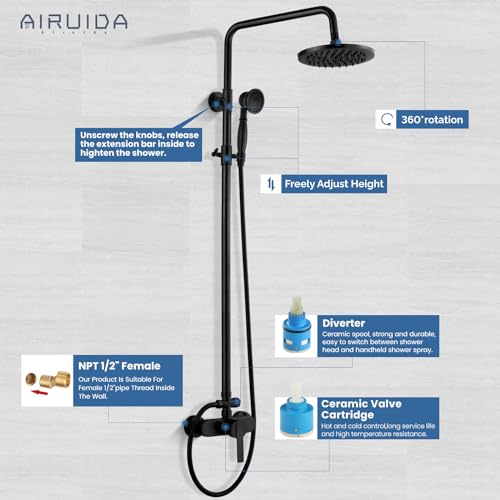 Airuida Matte Black Exposed Pipe Shower System Single handle 8 Inch Rainfall Shower Fixture Solid Copper Diverter Adjustable Shower Head Bar Modern Dual Functions Shower Faucet Combo Unit Set - Image 3