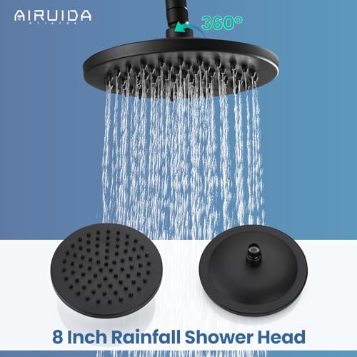 Airuida Matte Black Exposed Pipe Shower System Single handle 8 Inch Rainfall Shower Fixture Solid Copper Diverter Adjustable Shower Head Bar Modern Dual Functions Shower Faucet Combo Unit Set - Image 4