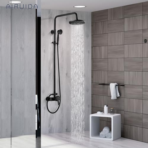 Airuida Matte Black Exposed Pipe Shower System Single handle 8 Inch Rainfall Shower Fixture Solid Copper Diverter Adjustable Shower Head Bar Modern Dual Functions Shower Faucet Combo Unit Set - Image 2