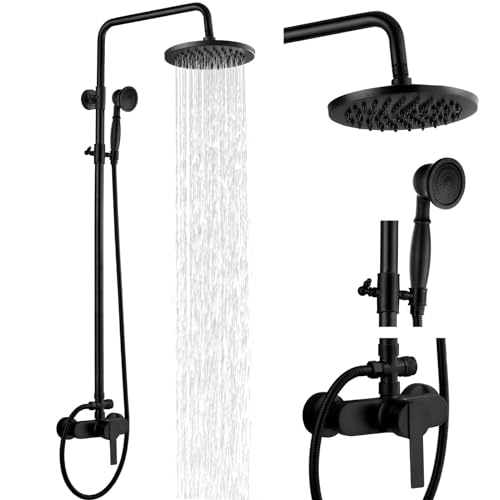Airuida Matte Black Exposed Pipe Shower System Single handle 8 Inch Rainfall Shower Fixture Solid Copper Diverter Adjustable Shower Head Bar Modern Dual Functions Shower Faucet Combo Unit Set - Image 1